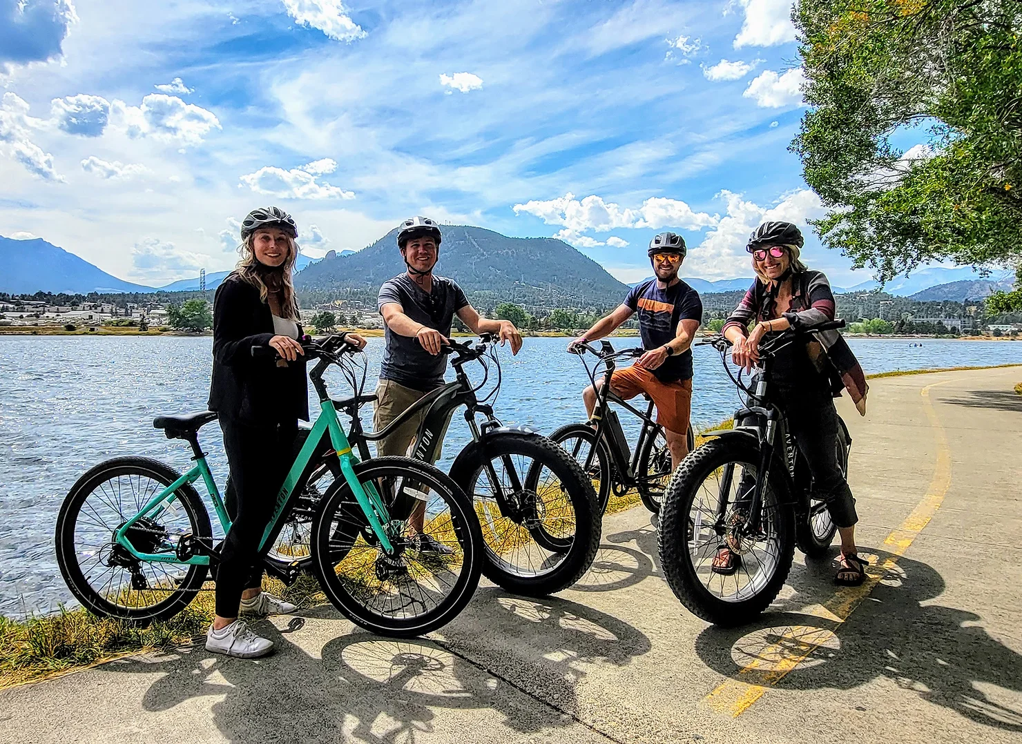 A group of friends who rented electric bikes near Estes Park